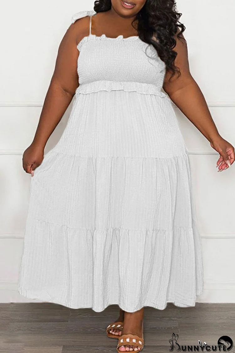 White Casual Sweet Solid Bandage Patchwork Fold Spaghetti Strap Sling Dress Plus Size Dresses