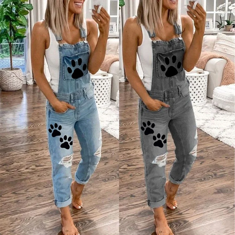 tlbang Fashion New Ladies Denim Overalls Printed Washed Ripped Female Jeans Overalls Trousers