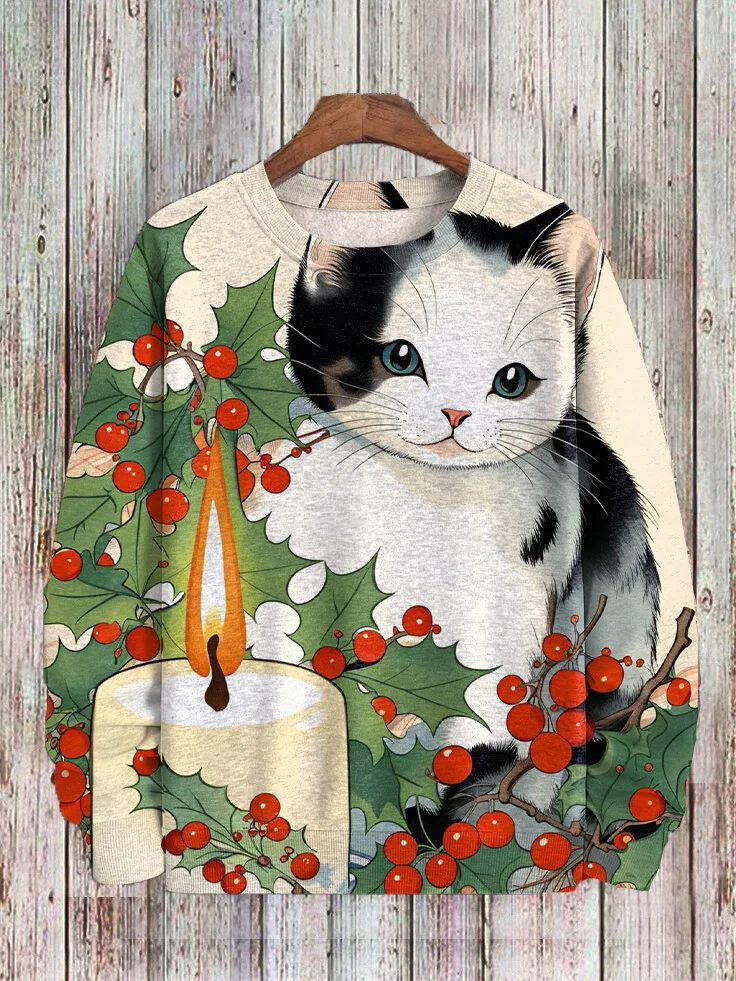 Men's Candle Cat Plants Art Print Casual Sweatshirt