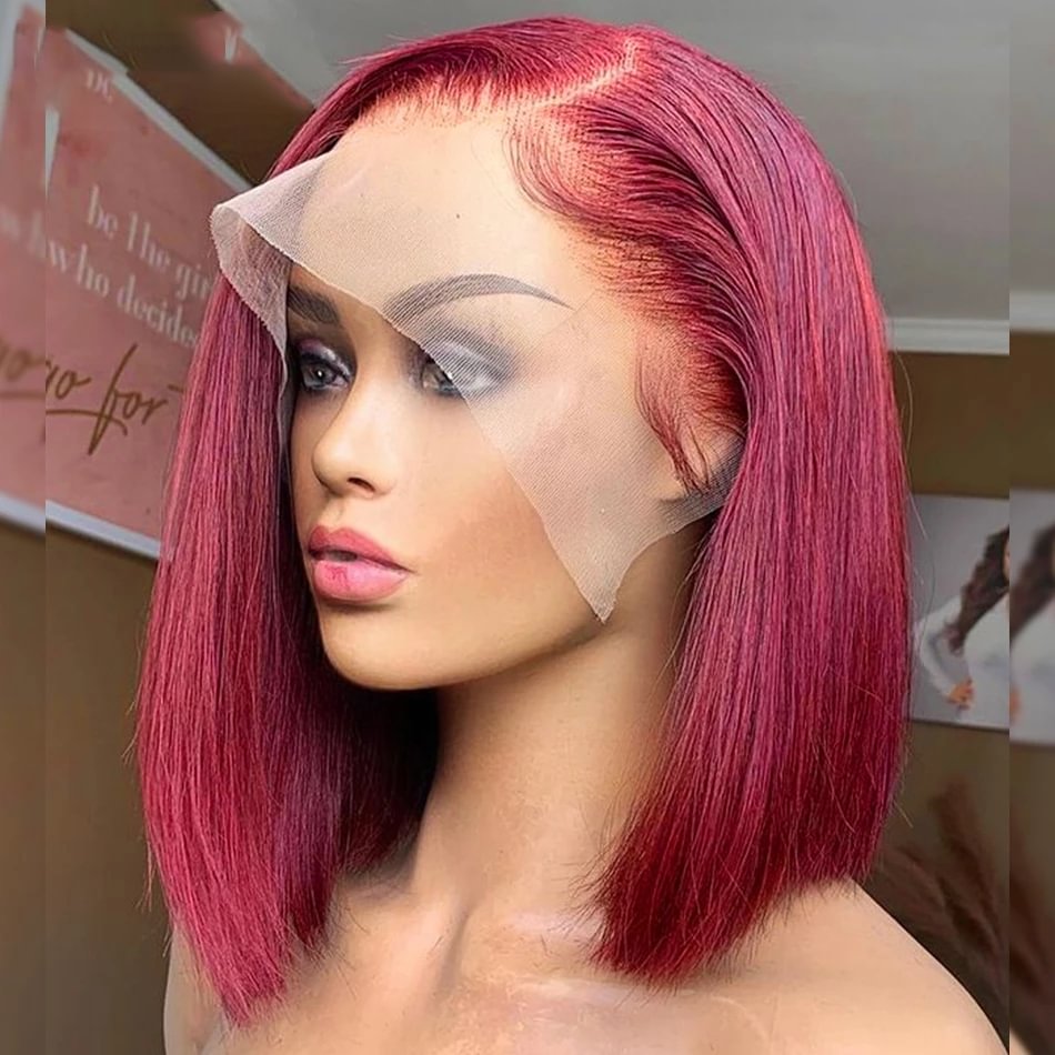 Brazilian Bob Straight Bob 99J Burgundy Colored Transparent Lace Frontal Human Hair T Part Lace Wigs 180% Density en Remy Hair US Mall Lifes