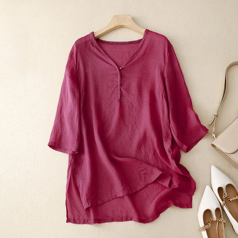Retro Simple Solid Color V -neck Shirt