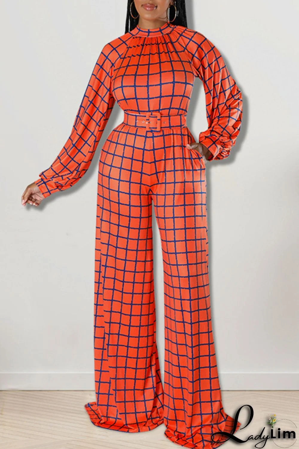 Tangerine Casual Plaid Print Patchwork O Neck Straight Jumpsuits