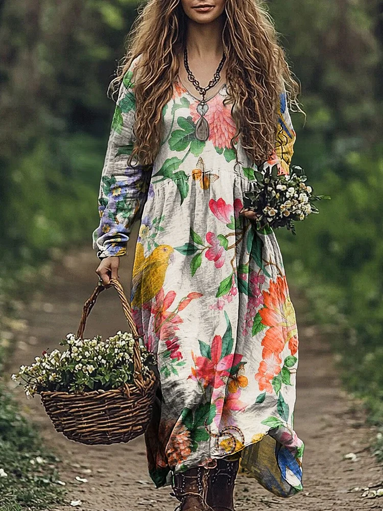 Women's Retro Floral Print Pocket Cotton Dress
