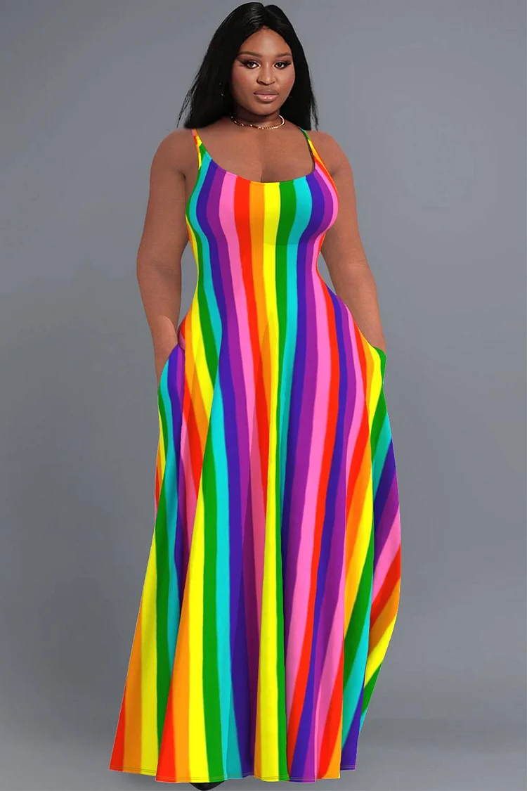 Xpluswear Design Plus Size Daily Rainbow Sundress Striped Round Neck Pocket Maxi Dresses 2024 - Xpluswear
