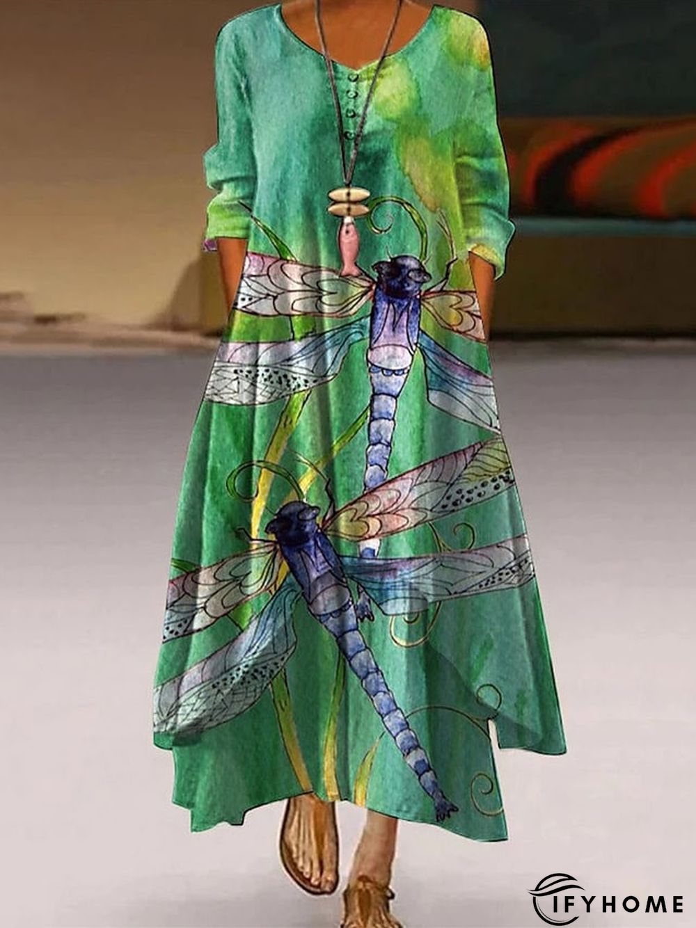 Women's Long Dress Maxi Dress Casual Dress Swing Dress Print Dress Animal Flower Casual Outdoor Daily Weekend Pocket Print Long Sleeve V Neck Dress Loose Fit Light Green Pink Purple Fall Spring S M L | IFYHOME