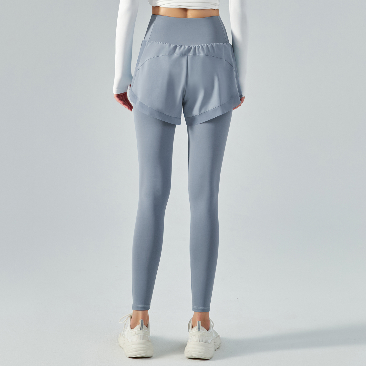 Different types Haze Blue of fake 2 pieces high waist butt lifting pocket yoga leggings with shorts online shopping on Hergymclothing