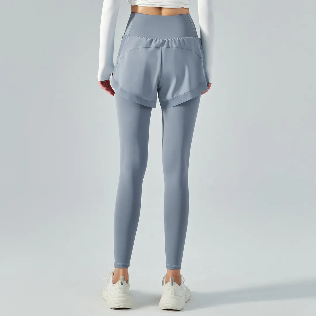 Different types Haze Blue of fake 2 pieces high waist butt lifting pocket yoga leggings with shorts online shopping on Hergymclothing