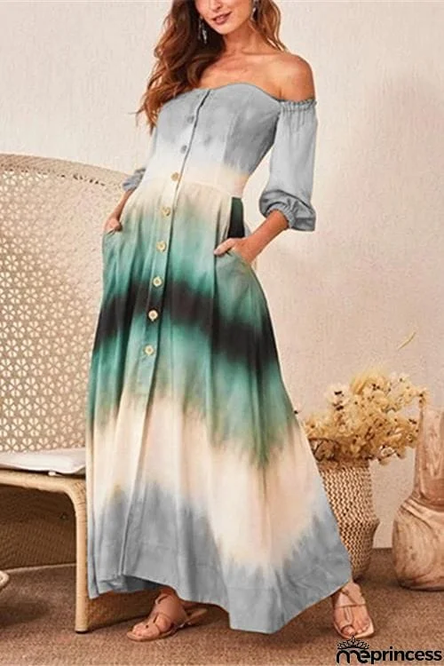 Button Off Shoulder Pockets Maxi Dress