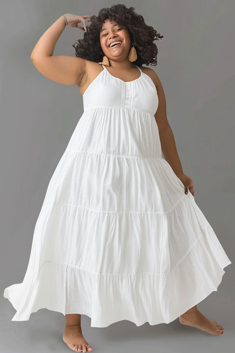 Xpluswear Design Plus Size Sundress Beach White U Neck Fold Linen Maxi Dresses 