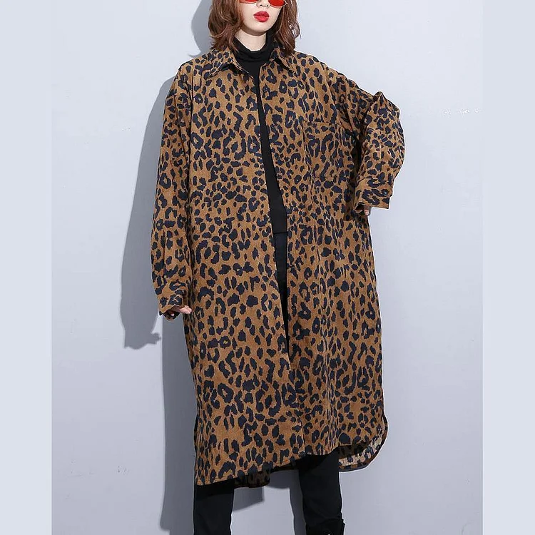 chocolate Leopard coat plus size clothing dress side open casual Turn-down Collar Button coat