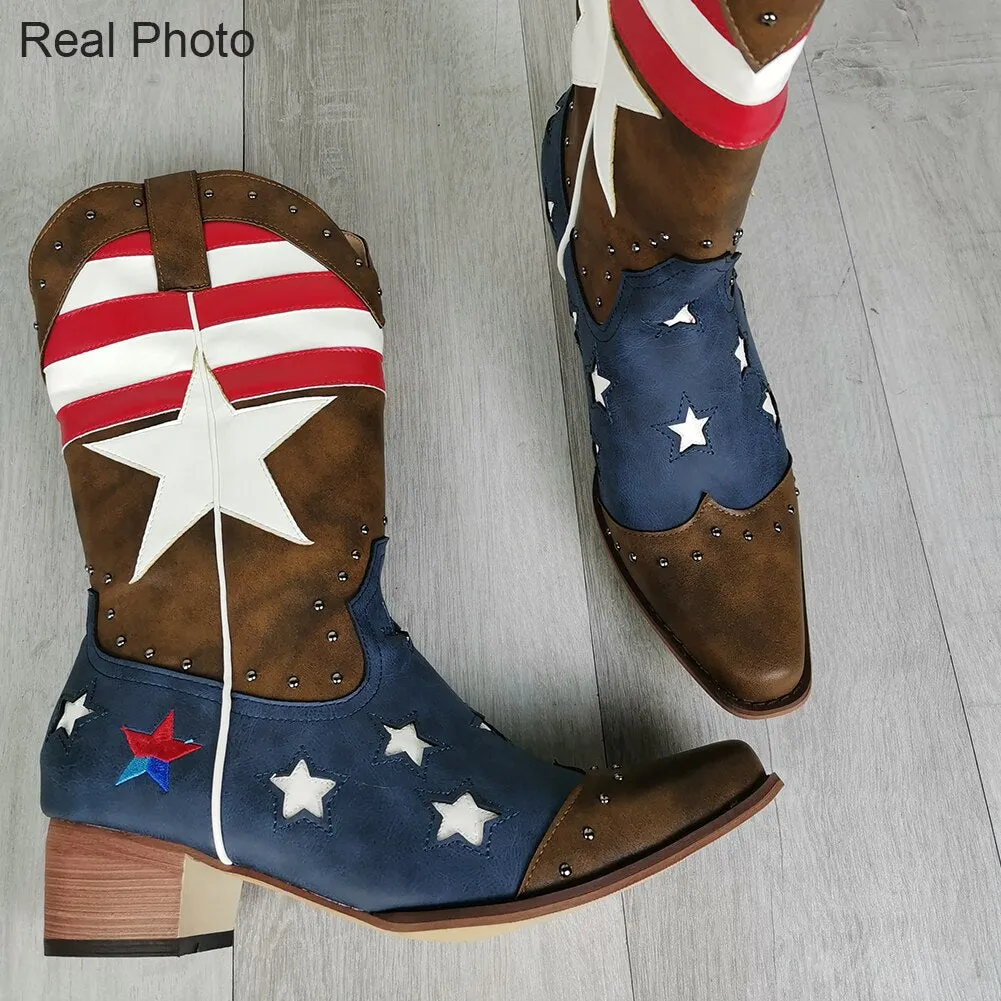 Female Vintage Cowboy Flag Chunky Heel Slip On Western Women Boots Cowgirls Retro Brand Autumn Ridding Boots For Women