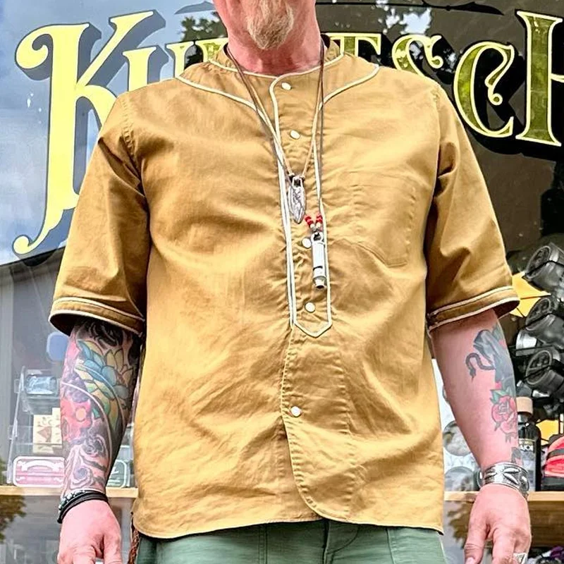 Vintage Khaki Cotton Short Sleeve Baseball Shirt