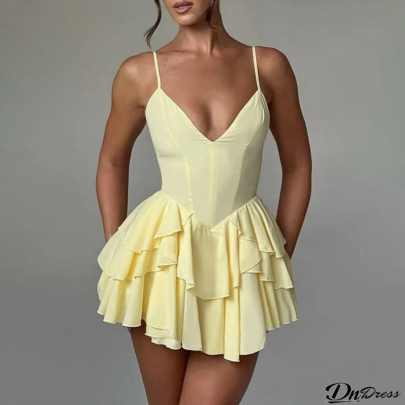 Women summer sexy Backless double-layer cake suspender skirt