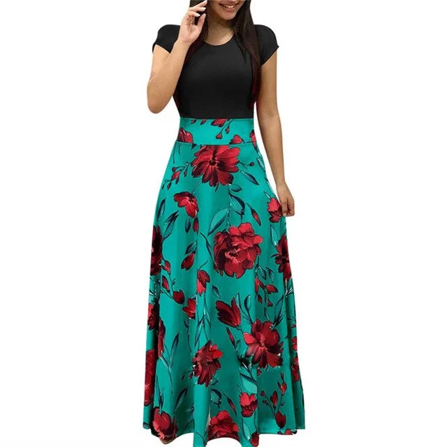 Floral Print Summer Boho Dress Women Casual Short Sleeve Patchwork Dress Ladies Elegant Party Dress Long Maxi Dresses Vestidos