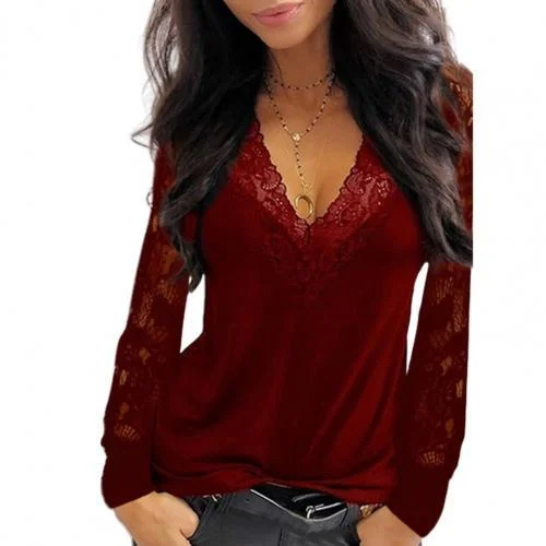 Deep V Neck Lace Trim See Through Long Sleeve Blouse