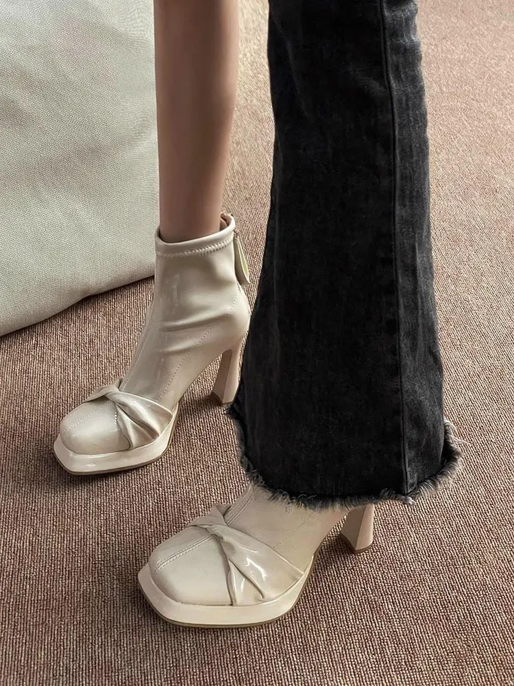 Breakj Breakj With Thick Bottom Height Small Ankle Boots Women 2025 Autumn New Square Bows Short Boots French Elegant Thin Skin Boots
