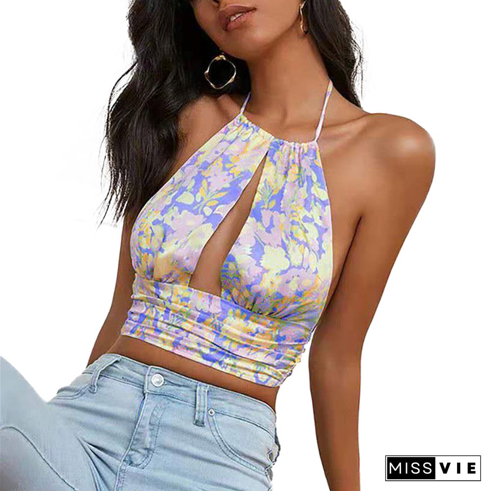 Womens Crisscross Halter Cutout Tank Tops Y2K Sexy Backless Deep Neck Camis Strappy Tie