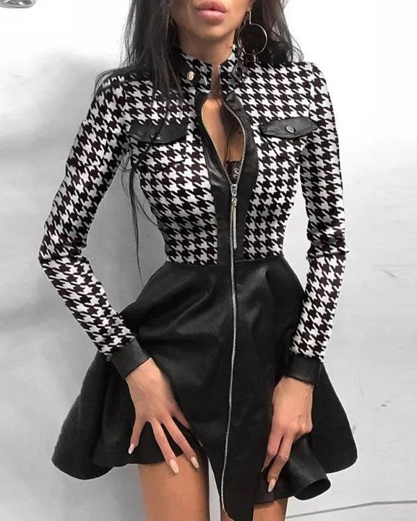Plaid Above Knee Long Sleeve Regular A-Line Dress