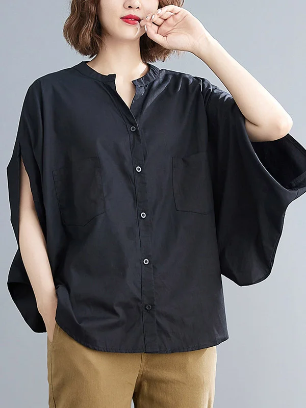 Casual Pure Color Split-Joint With Pocket Buttoned V-Neck Long Sleeves Blouse