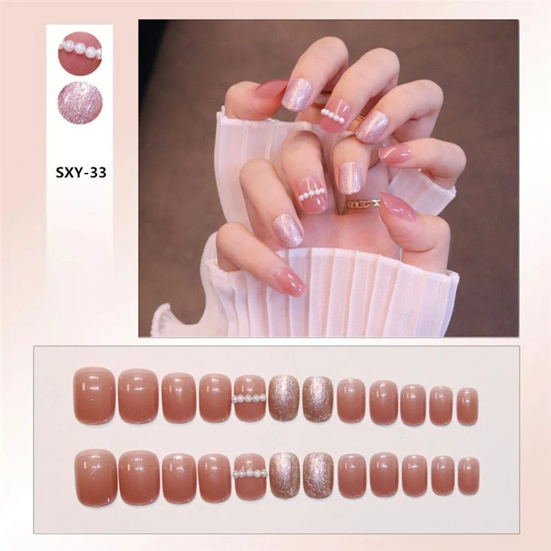 24pcs/box Wearable Finger Fake Nails press on Blue Grey Aurora Effect short size full cover Summer Patch  fake Fingernail tips-Nail Inspo