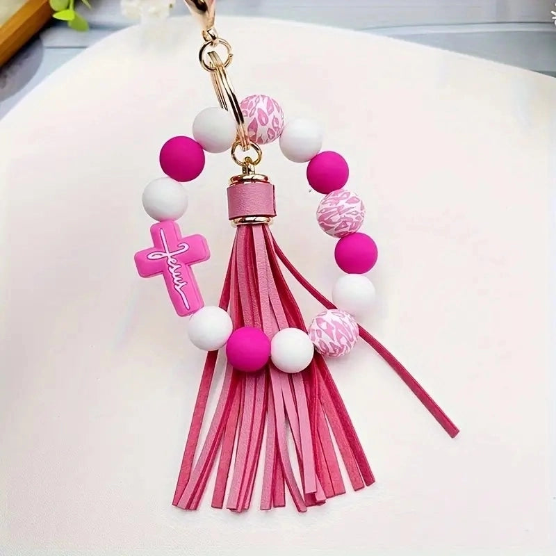 Casual Classic Style Cross Tassel Alloy Wooden Beads Silica Gel Beaded Keychain