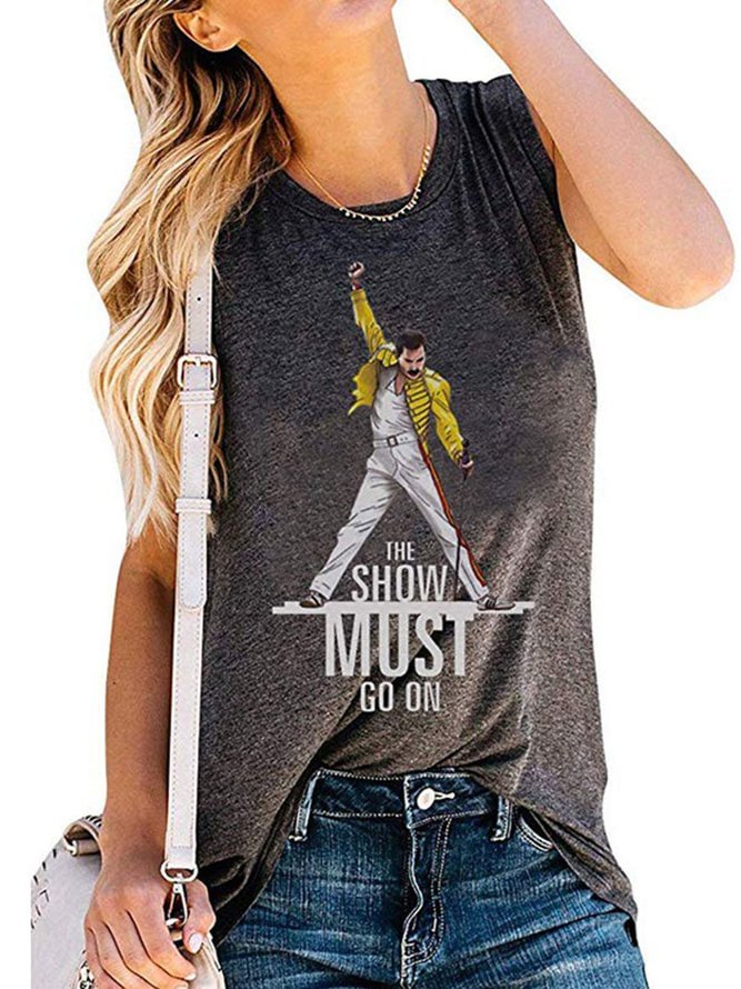 Gray Letter Sleeveless Casual Shirts & Tops
