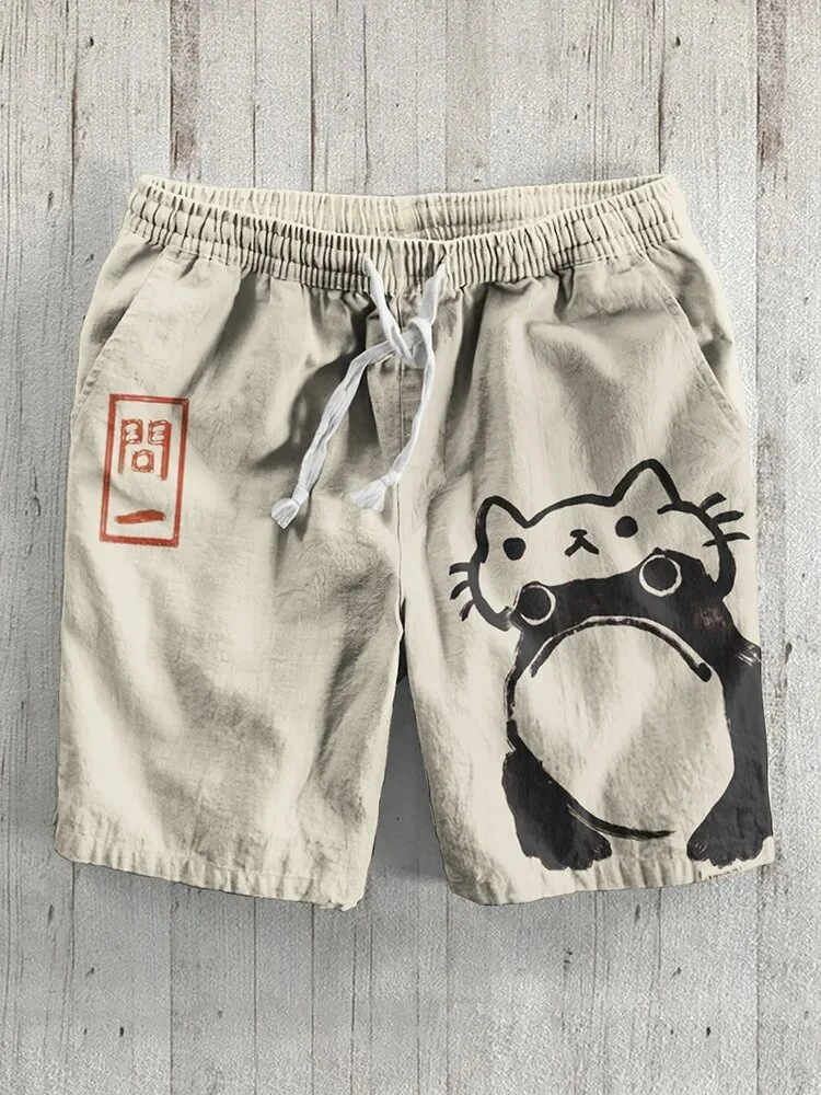 Men's Japanese Art Frog Cat Print Casual Shorts
