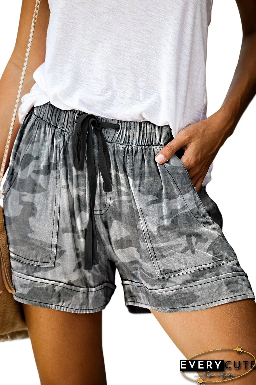 Camouflague Print Drawstring Casual Elastic Waist Pocketed Shorts