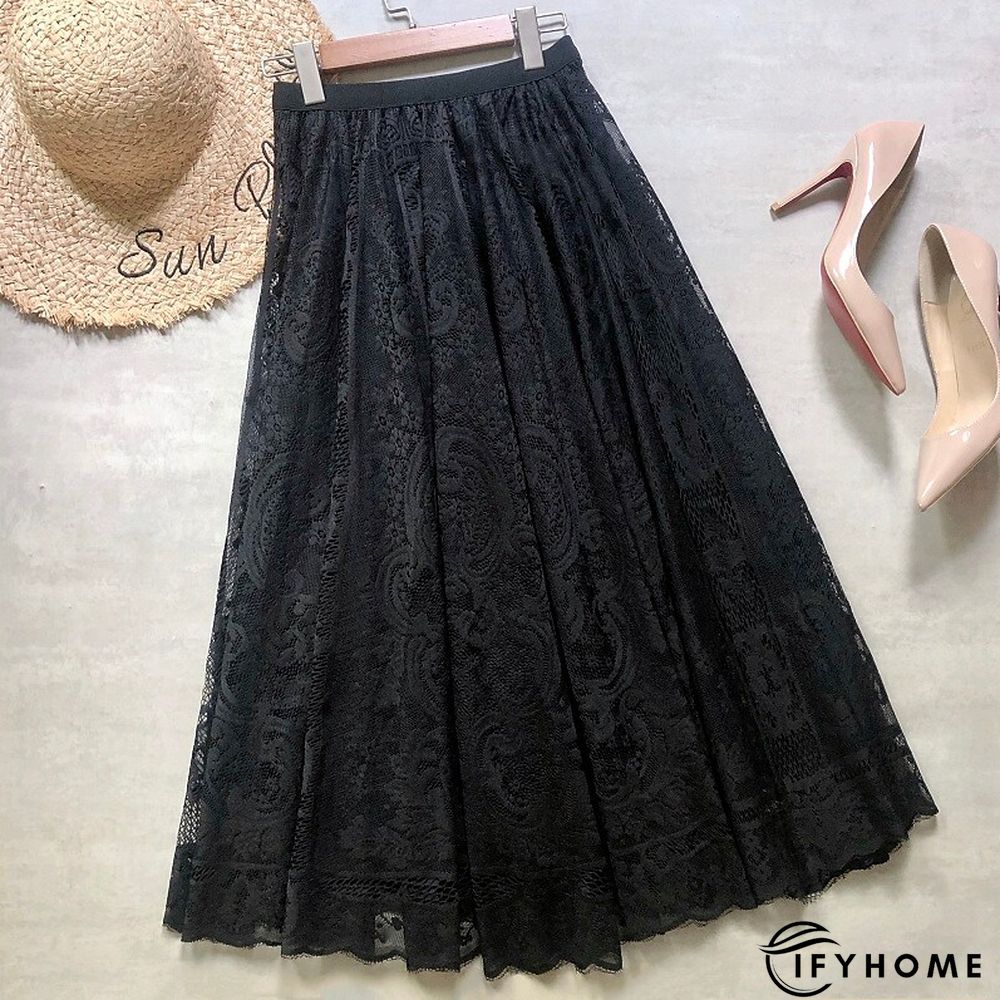 Women's Swing Midi Organza Black Beige Skirts Summer Lace Ruffle Lined Basic Streetwear Date Weekend One-Size | IFYHOME