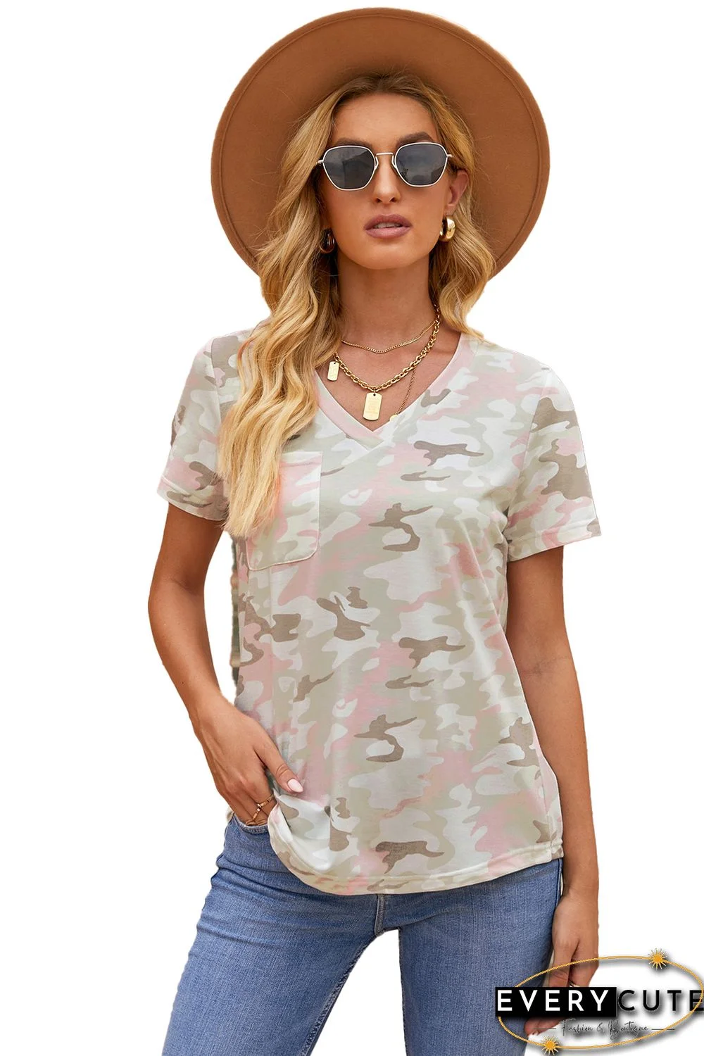 Gray Camouflage Print V Neck Tee with Pocket