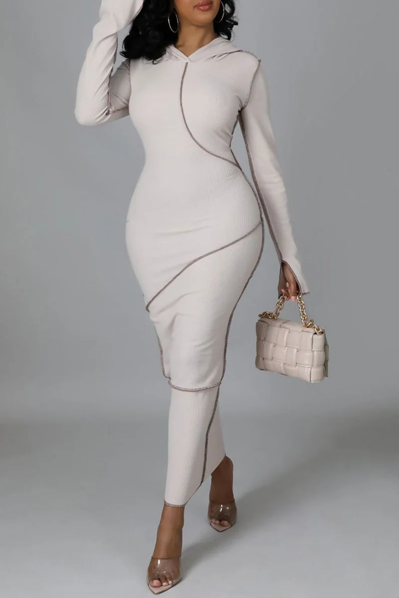Cream White Casual Solid Patchwork Hooded Collar Pencil Skirt Dresses | EGEMISS