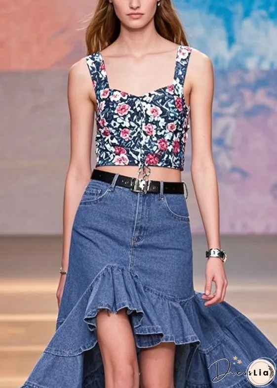 Stylish Blue Ruffles Patchwork Low High Design Denim Wraped Skirts Spring