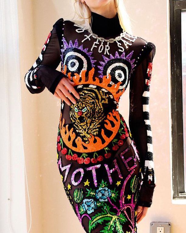 Sequin Graffiti Embellished Midi Dress