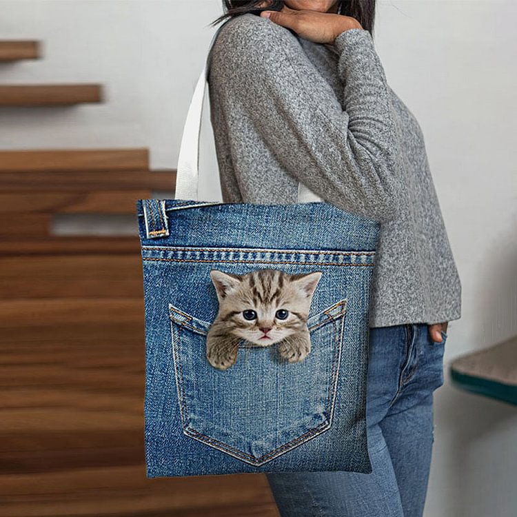 Comstylish Card Love Denim Print Pocket Cat Tote Bag