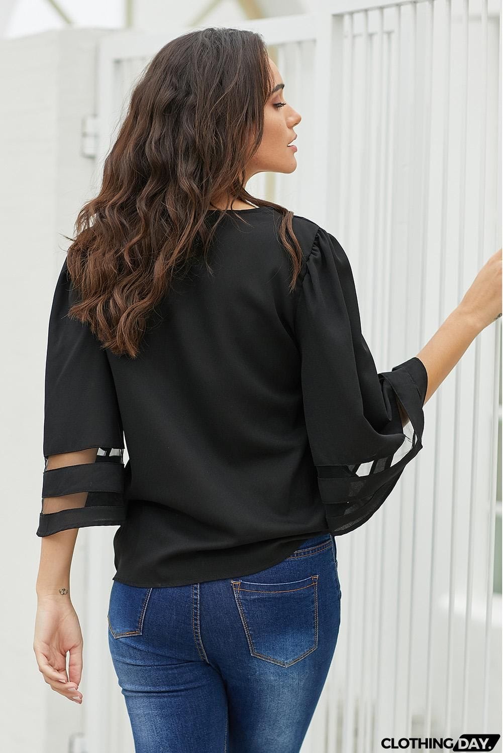 Black Flare Sleeve V Neck Loose Women's Chiffon Blouse