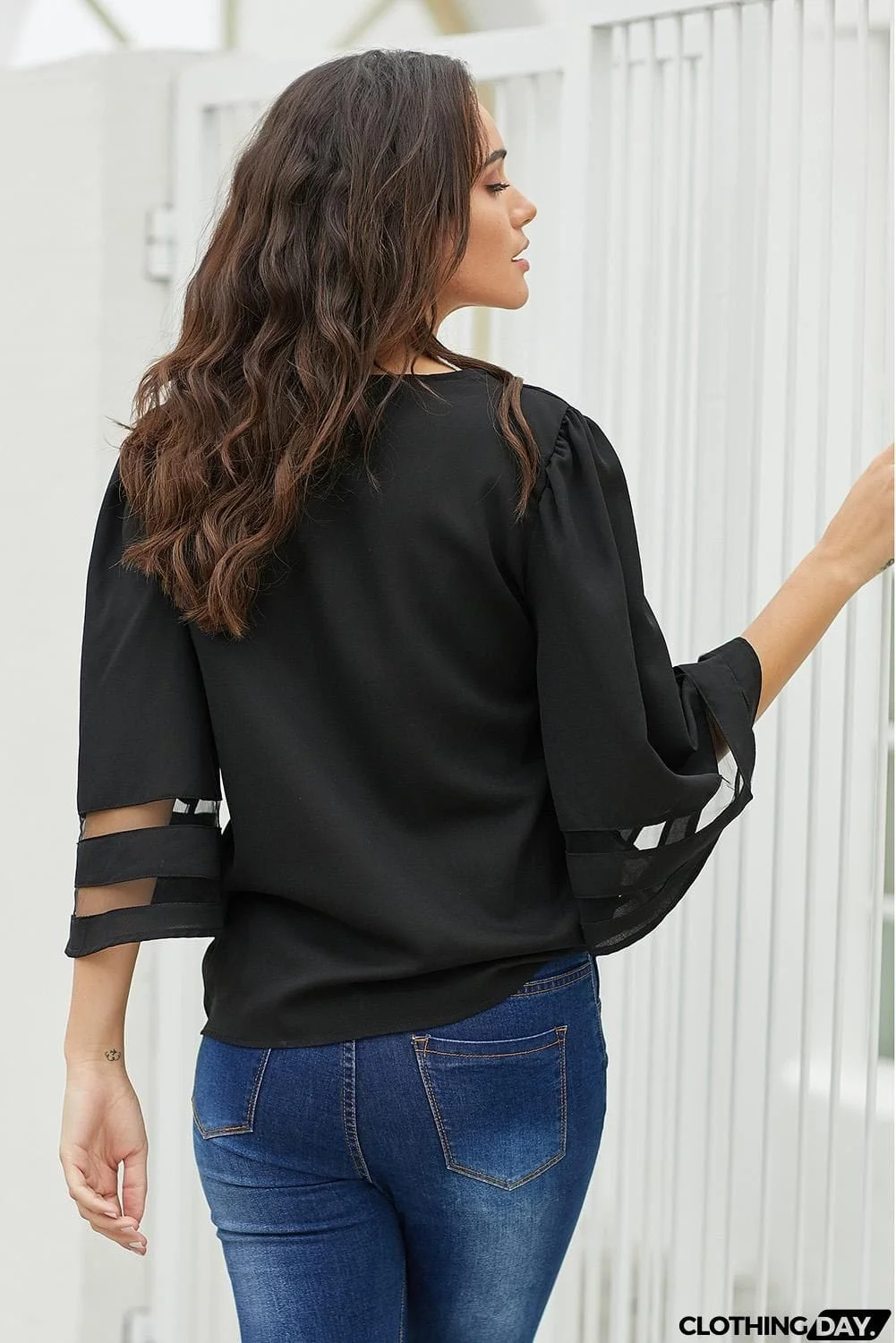 Black Flare Sleeve V Neck Loose Women's Chiffon Blouse