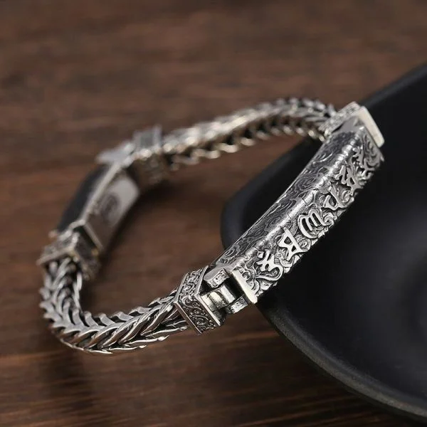 Sterling Silver Buddhist Mantra Amulet Wheat Chain Bracelet