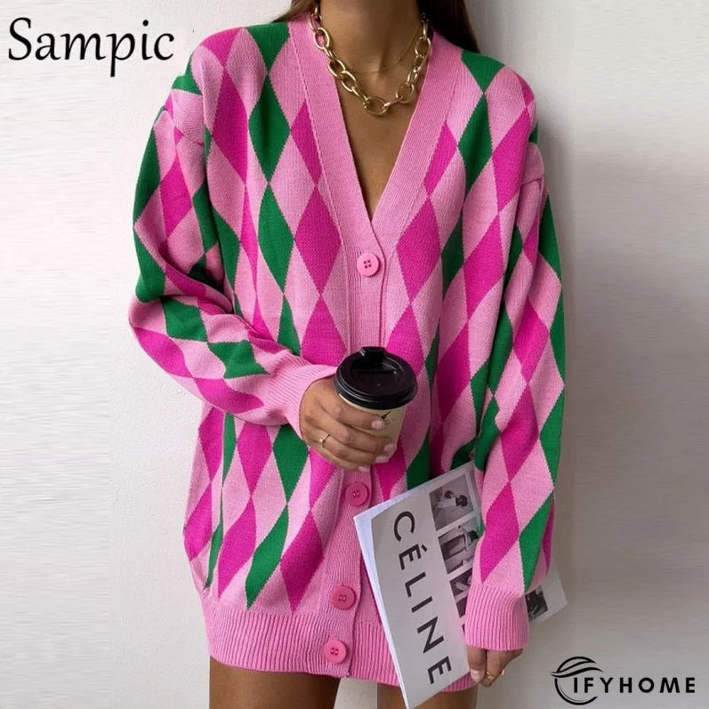 Christmas Gift Sampic Loose Patchwork Knitwear Winter Women Cardigans Tops Oversized Long Sleeve Y2K V Neck Sweater Casual Fashion Tops | IFYHOME