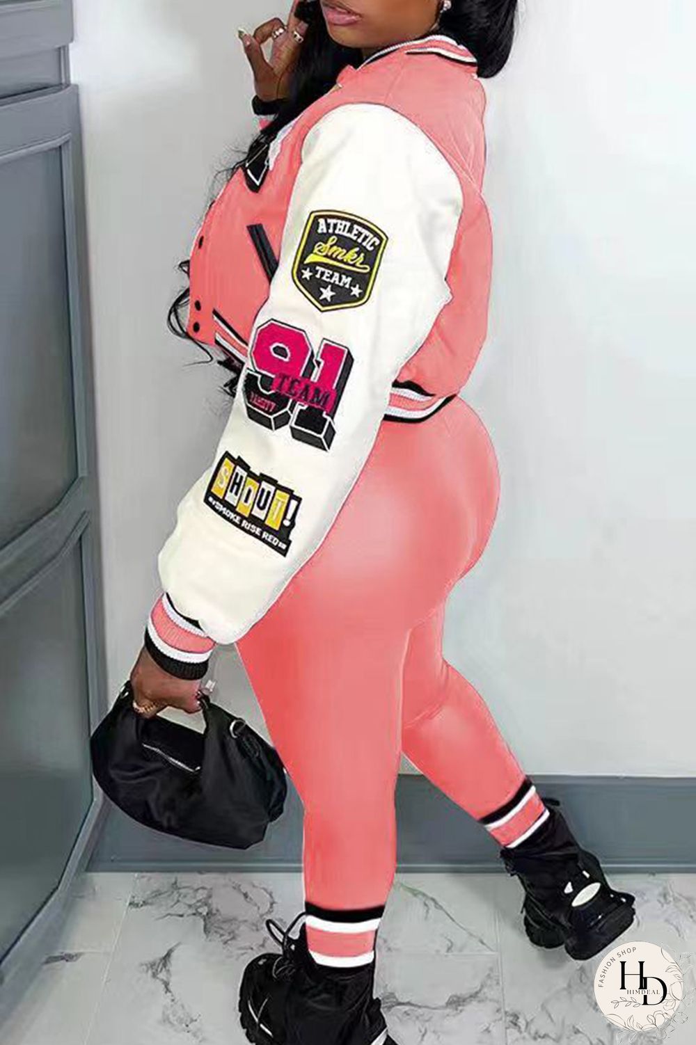 Rose Red Casual Letter Print Patchwork Cardigan O Neck Long Sleeve Two Pieces