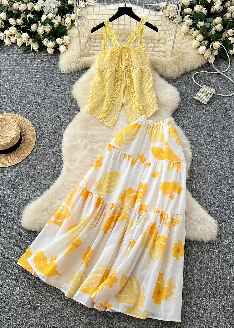 Yellow Ruffle Pattern Boutique Yellow Ruffled Print Cotton Two Pieces Set Summer