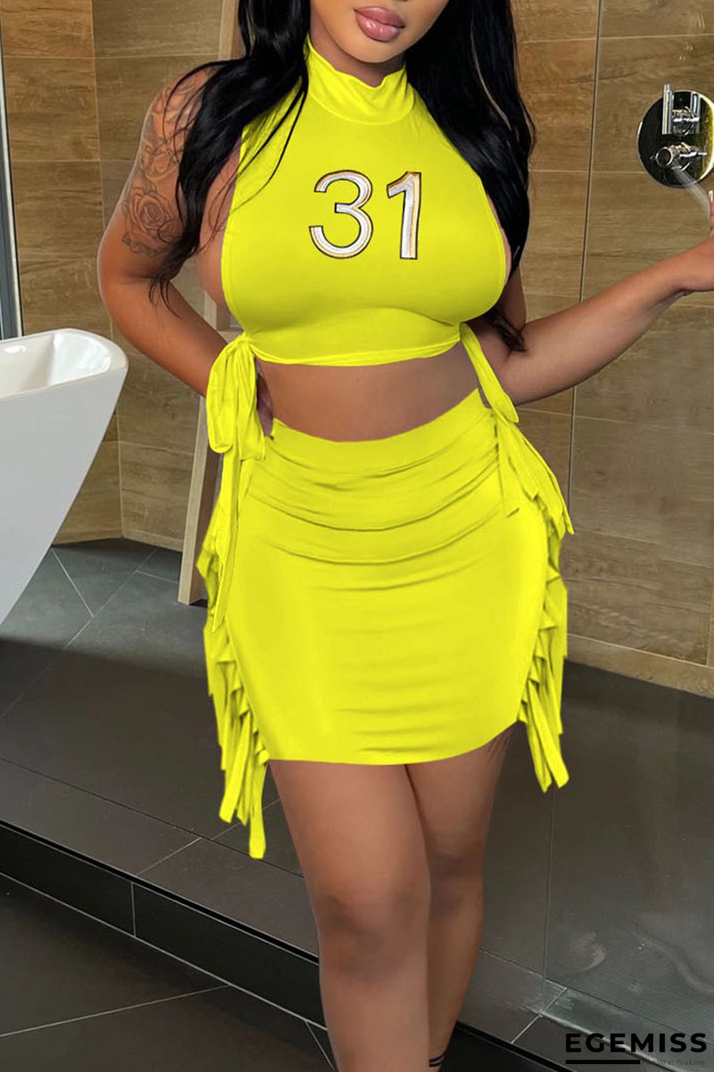 Yellow Sexy Print Tassel Bandage Hollowed Out Patchwork O Neck Sleeveless Two Pieces | EGEMISS