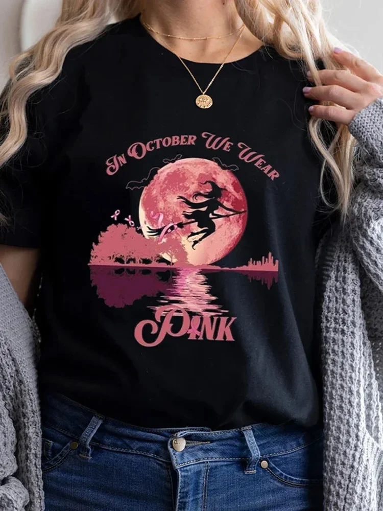 Halloween Witch In October We Wear Pink Print T-Shirt