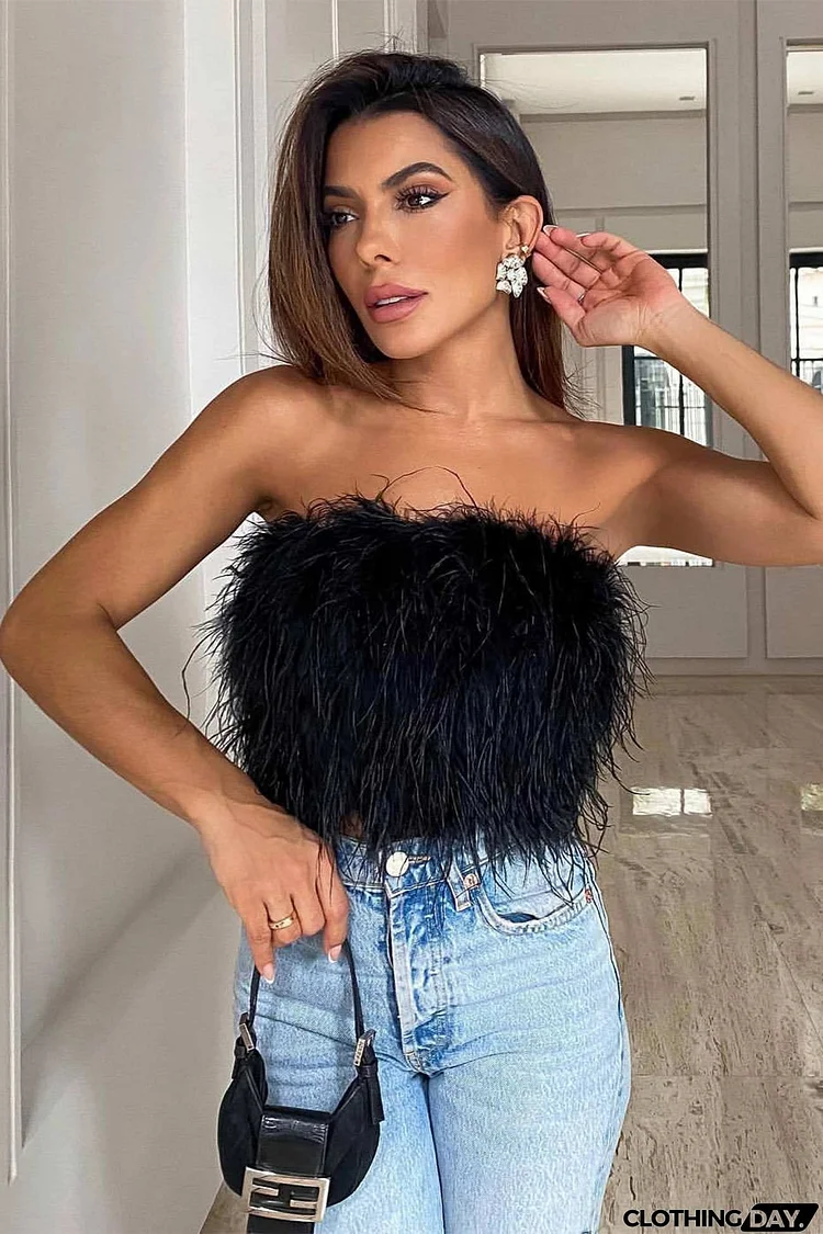 Solid Fuzzy Strapless Crop Top