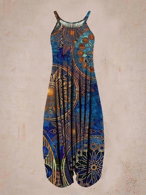 Women Summer Blue Flower Print Sleeveless Harem Jumpsuit