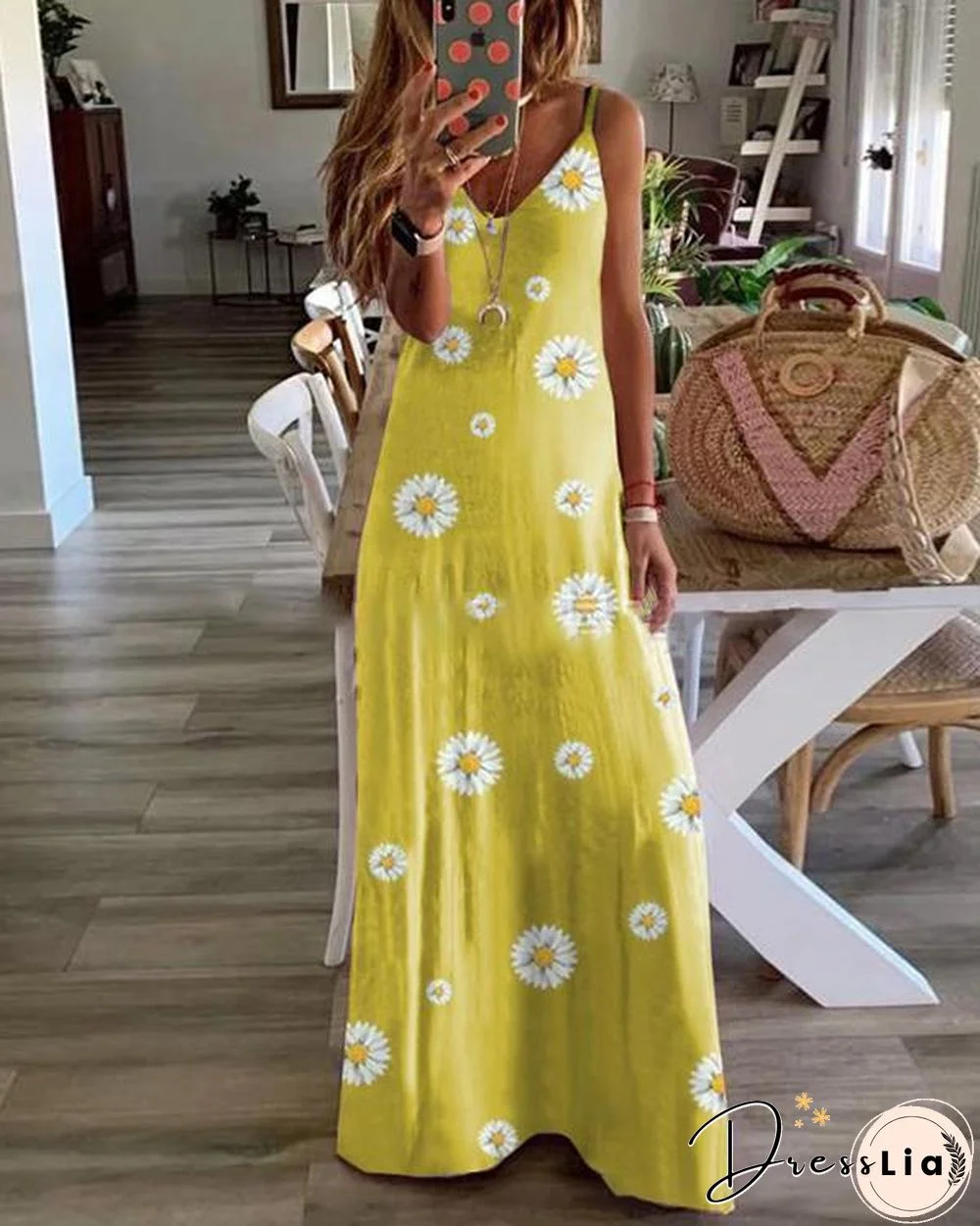 Sleeveless Floral Print V Neck Holiday Maxi Dress