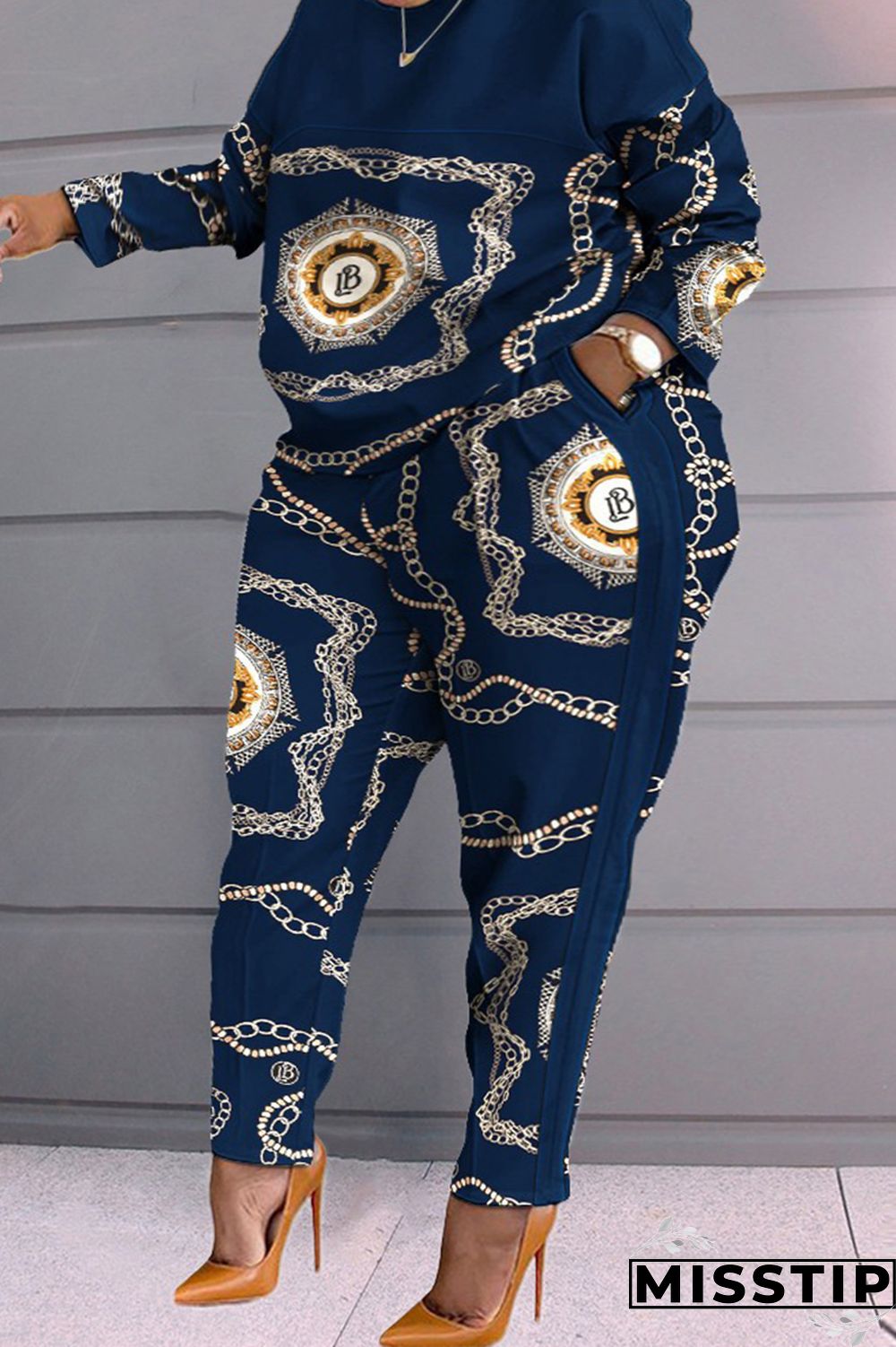 Blue Casual Print Patchwork O Neck Plus Size Two Pieces