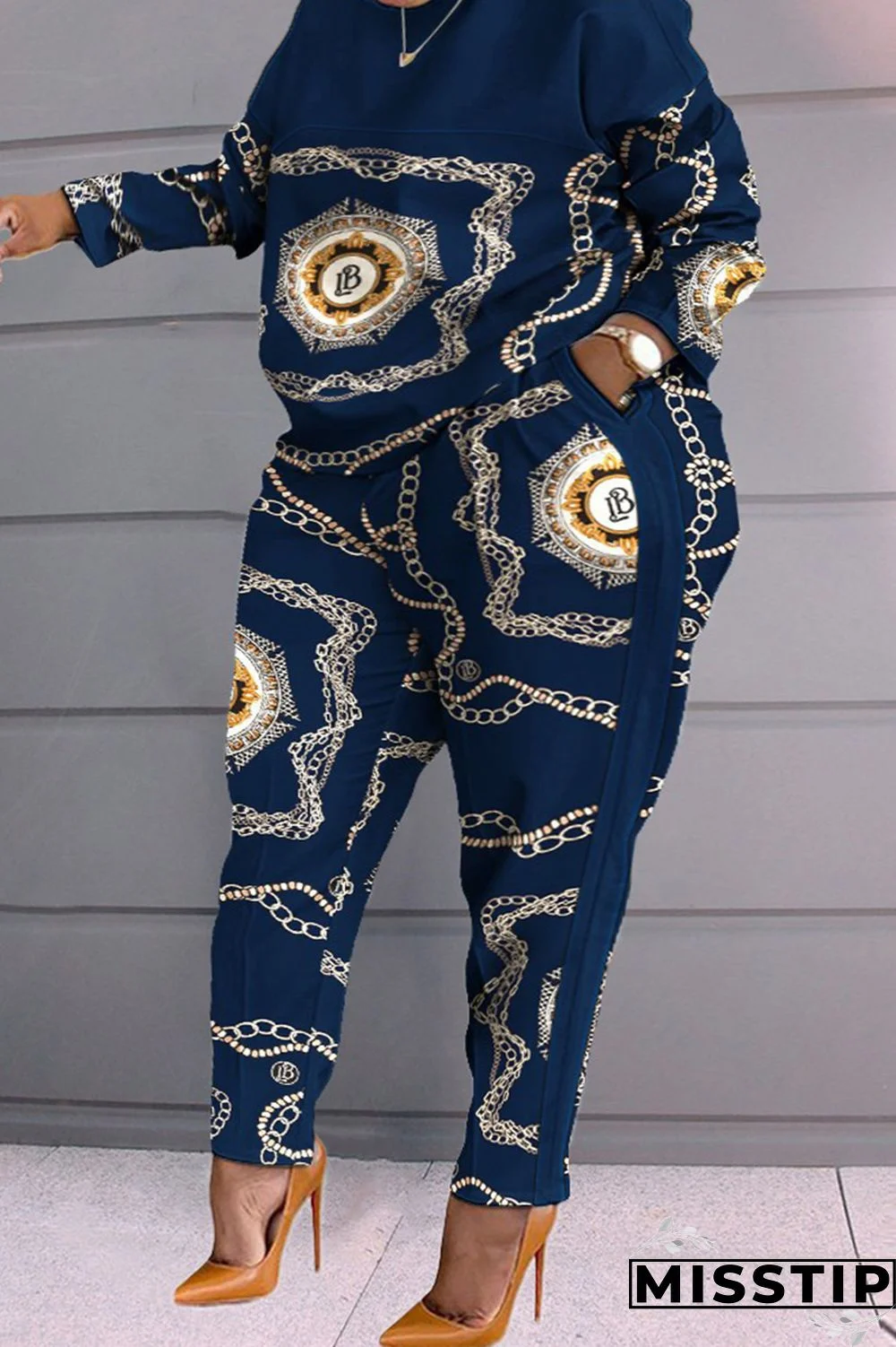 Blue Casual Print Patchwork O Neck Plus Size Two Pieces