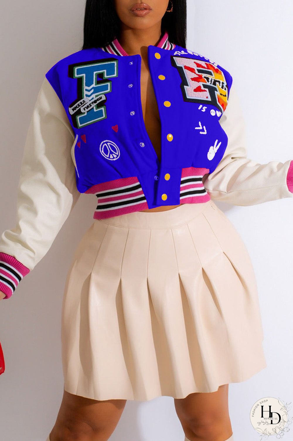 Blue Casual Print Patchwork O Neck Outerwear