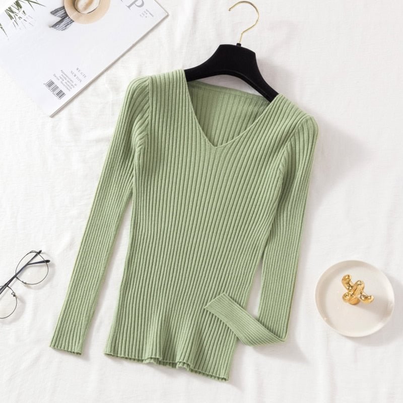 Women Casual Slim Pit Knitted Sweater Long Sleeve Sexy V neck Solid All-match High Street Pullover 2021 Winter New Fashion Tops