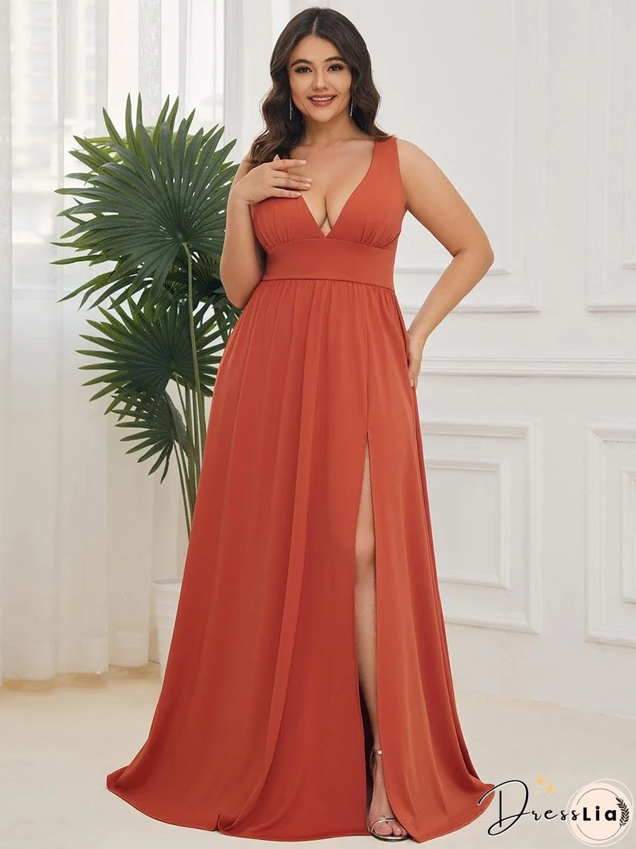 Evening Elegance Plus Size V-Neck Empire Waist High Slit Dress